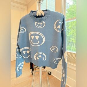 🌸Debut🌸 Blue and White Crewneck Sweater with Playful Smiley Faces🌸